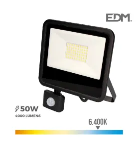 Projecteur LED à Détecteur 50W Noir Étanche IP65 4000lm (400W) - Blanc du Jour 6400K