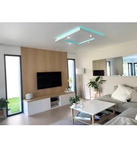 Plafonnier carré rubans et spots LED RGB+CCT 86x86cm avec télécommande