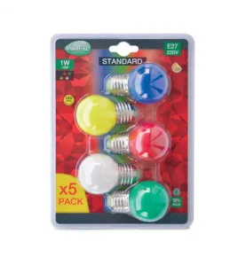 Blister x 5 Ampoules LED E27 1W G45 - Bleu - Rouge - Vert - Jaune - Blanc chaud 3000K