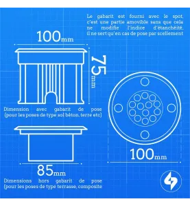 Support Spot Encastrable Sol Bleu 2W DC12V Étanche IP67 Rond - perçage 85mm Diffuseur Dépoli