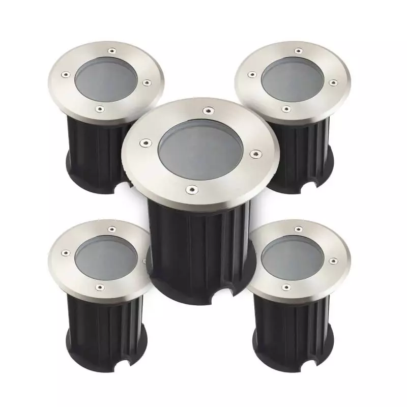 Pack de 5 Supports Spots Sol Encastrables GU5.3 DC12V Étanche IP67 Rond - perçage 90mm Diffuseur Transparent