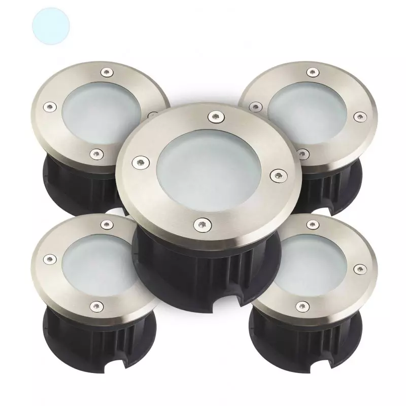 Pack de 5 Supports Spots Encastrables Sol Blanc du Jour 6500K 2W AC220-240V Étanche IP67 Rond - perçage 85mm Diffuseur Dépoli