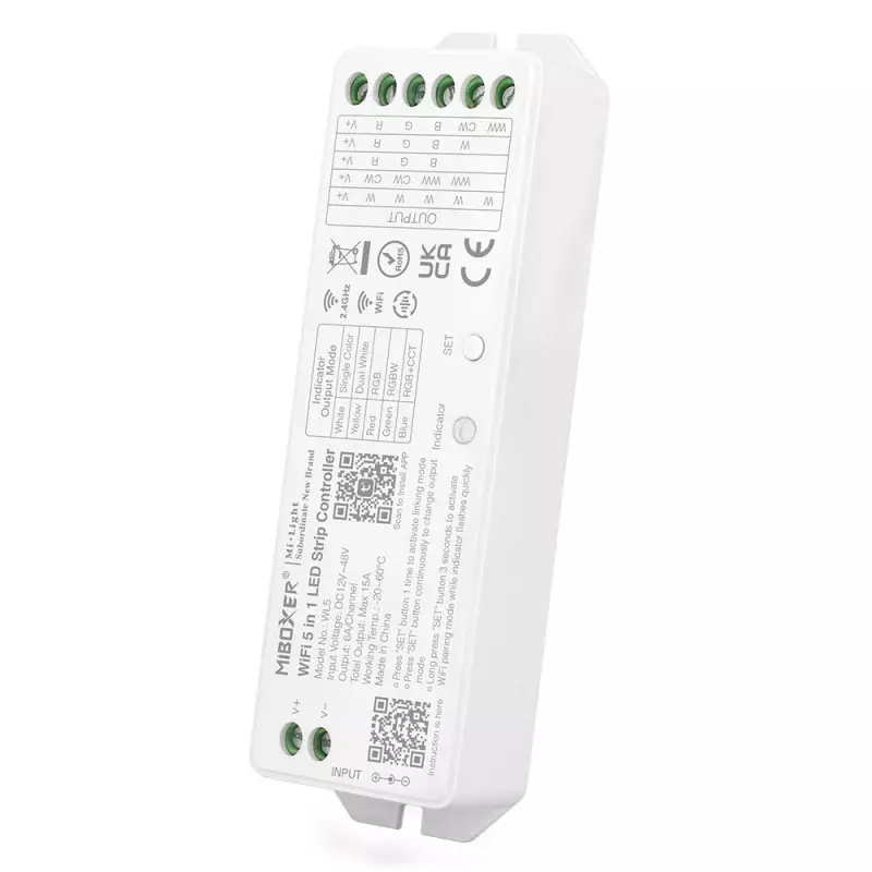 Controleur LED Haut de Gamme Wifi 5 en 1 RGB / RGBW / RGB / CCT DC12-48V 6A/Ch RF 2,4G / Alexa / Google Asisstant WL5