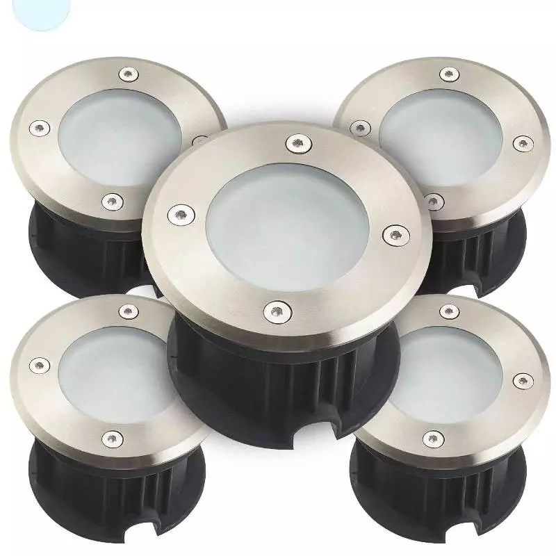 Pack de 5 Spots Encastrables Sol Blanc du Jour 6500K DC12V 2W 110lm Étanche IP67 Rond - perçage 85mm Diffuseur Dépoli