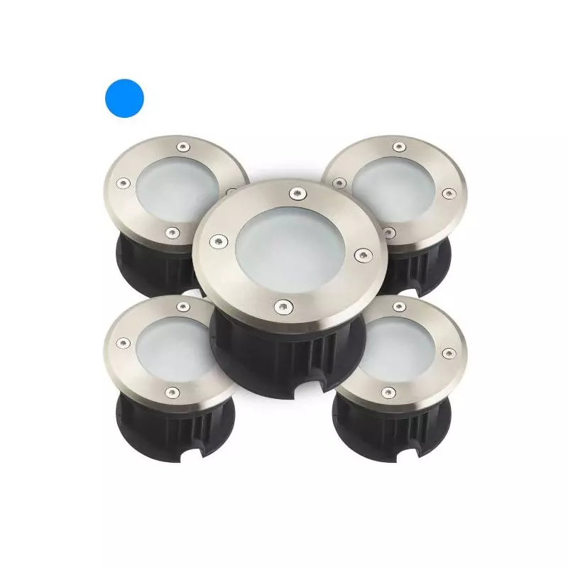 Pack de 5 Supports Spots Encastrables Sol Bleu 2W 110lm AC220-240V Étanche IP67 Rond - perçage 85mm Diffuseur Dépoli