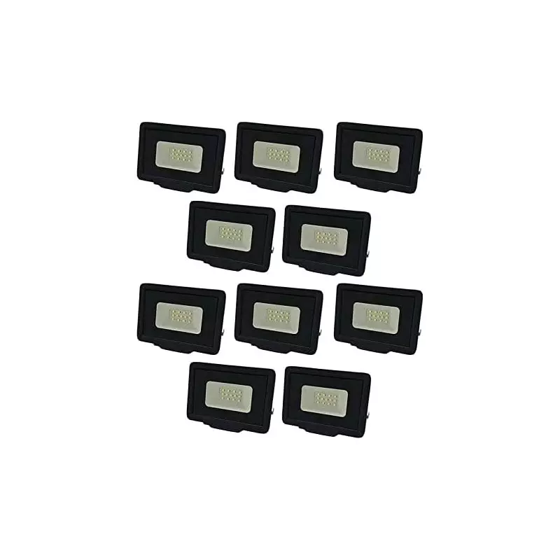 Lot de 10 Projecteurs LED 10W (50W) Noir Étanche IP65 800lm - Blanc du Jour 6000K