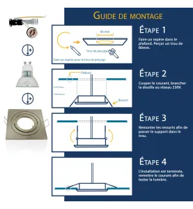 Lot de 10 Supports de plafond Support LED Encastrable orientable carré blanc perçage 80mm Satin Nickel avec douille GU10 isolée