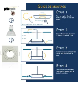 Lot de 10 Supports de plafond Support LED Encastrable orientable carré blanc perçage 80mm Blanc avec douille GU10 isolée