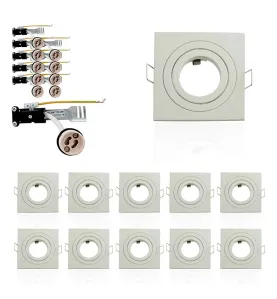 Lot de 10 Supports de plafond Support LED Encastrable orientable carré blanc perçage 80mm Blanc avec douille GU10 isolée