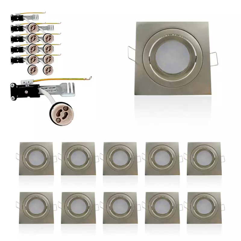 Lot de 10 Supports de plafond Support LED Encastrable orientable carré blanc perçage 80mm Satin Nickel avec douille GU10 isolée