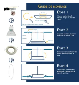 Lot de 10 Supports de plafond Spot Encastrable Blanc Orientable Perçage 74mm Support LED avec douille GU10 isolée