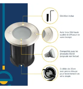 Support Spot Encastrable Sol GU10 AC220-240V Étanche IP67 Rond -  perçage 98mm Diffuseur Dépoli