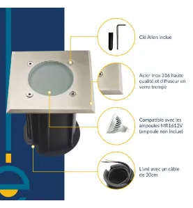 Support Spot Encastrable Sol GU5.3 MR16 DC12V Étanche IP67 Carré - perçage 98mm Diffuseur Dépoli