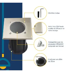 Support Spot Encastrable Sol GU5.3 MR16 120° DC12V Étanche IP67 Carré -  perçage 98mm Diffuseur Transparent