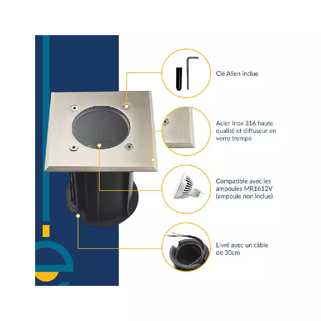 Support Spot Encastrable Sol GU5 3 MR16 120 DC12V Étanche IP67 Carré perçage 98mm Diffuseur