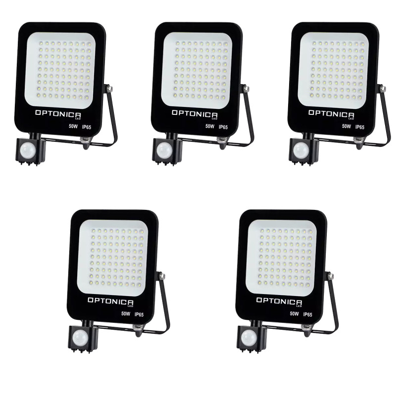 Lot de 5 Projecteurs LED Noirs 50W (250W) à Détecteur IP65 4700lm - Blanc du Jour 6000K