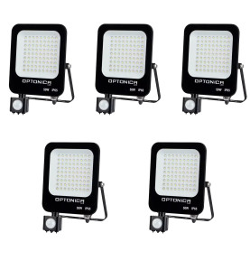 Lot de 5 Projecteurs LED Noirs 50W (250W) à Détecteur IP65 4700lm - Blanc du Jour 6000K