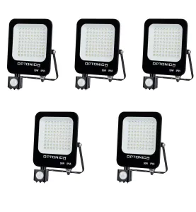 Lot de 5 Projecteurs LED Noirs 50W (250W) à Détecteur IP65 4700lm - Blanc du Jour 6000K