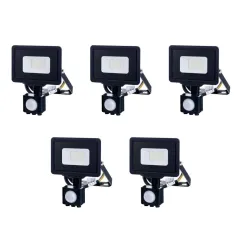 Lot de 5 Projecteur LED à Détecteur PIR 20W 1600lm (107W) 120° Étanche IP65 Noir - Blanc Chaud 2700K