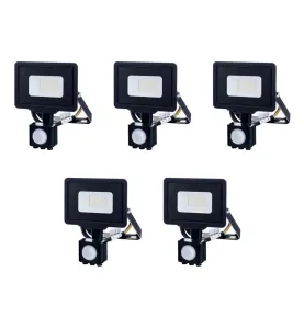 Lot de 5 Projecteur LED à Détecteur PIR 20W 1600lm (107W) 120° Étanche IP65 Noir - Blanc Chaud 2700K