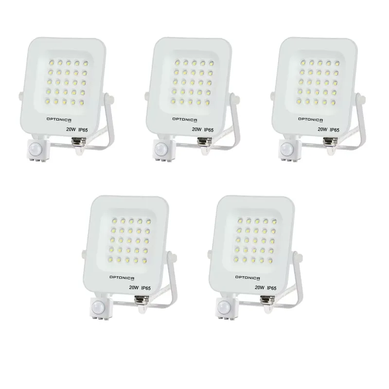 Lot de 5 Projecteurs LED avec Detecteur Blanc 20W Étanche IP65 1800lm Blanc Naturel 4000K