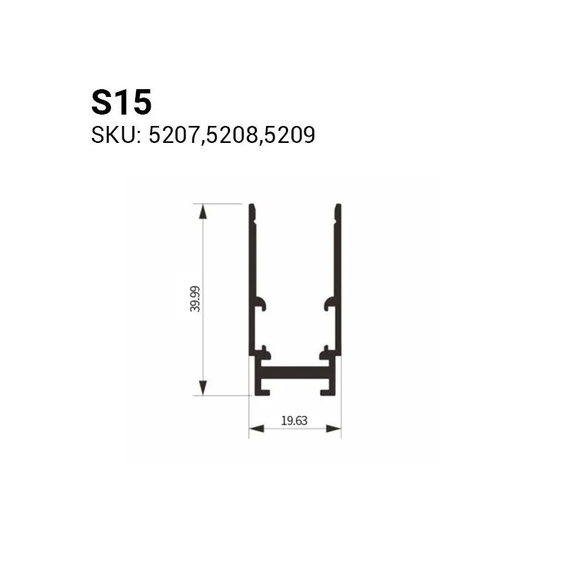 Système de Rail Triphasé S15 Noir - Aluminium - Longueur 2000mm - Largeur 41mm - Hauteur 19mm