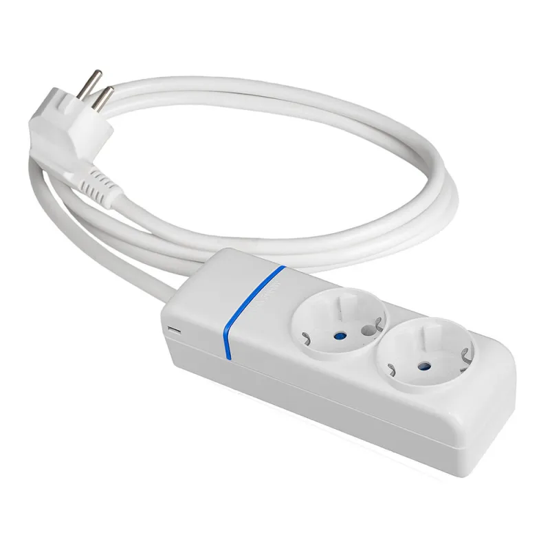 Rallonge électrique avec 2 prises 2P+T 16A 250V - 1,5m câble blanc H05VV-F 3G1,5mm² - IP20 polycarbonate