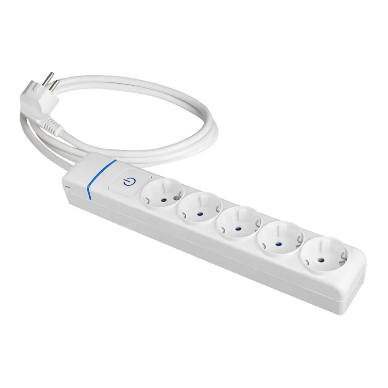 Multiprise Rallonge 5 Prises 2P+T 16A 250V avec Interrupteur Lumière - Câble 1,5m H05VV-F 3G1,5mm² - Blanc - Polycarbonate -