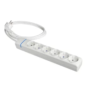 MULTIPRISE AVEC 6 PRISES 2P+T 16A 250V - CÂBLE 1,5M BLANC - POLYCARBONATE IP20