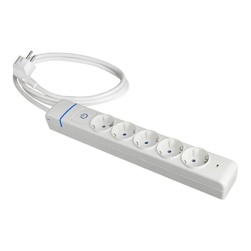 Multiprise blanche 5 prises 2P+E 16A 250V 3680W 1,5m - Interrupteur lumineux bleu - Protection IP20