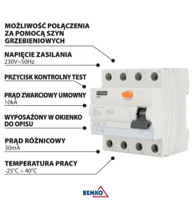 Disjoncteur différentiel 4P 25A 30mA - Protection électrique - Rail DIN - IP20