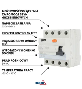 Disjoncteur différentiel 4P 40A 30mA - Pouvoir de coupure 4kV - Rail DIN - IP20