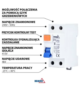 Disjoncteur différentiel 63A - 30mA - 2 pôles - Protection AC - Rail DIN