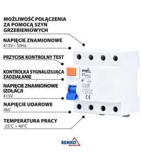 Disjoncteur différentiel tétrapolaire 25A 300mA - Protection AC 4kV - Rail DIN 4 modules