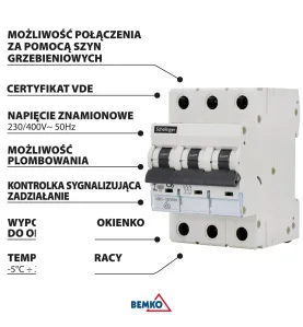 Disjoncteur tripolaire 10A - Protection contre les surintensités - Pouvoir de coupure 4kV - Courbe B - IP20