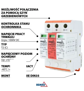 Parafoudre DC 3P - 1000V - Classe T2 - 40kA - Rail DIN - IP20 - Schelinger