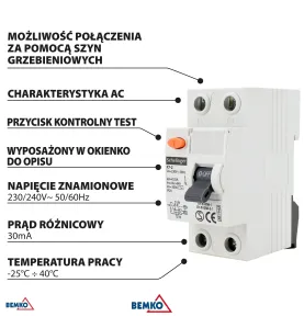 Disjoncteur différentiel AC - 2P 40A 30mA - Rail TH35 - IP20 - 83x68x36mm