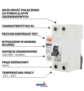 Disjoncteur différentiel AC 2P - 63A 30mA - Rail TH35 - IP20 - 2 modules