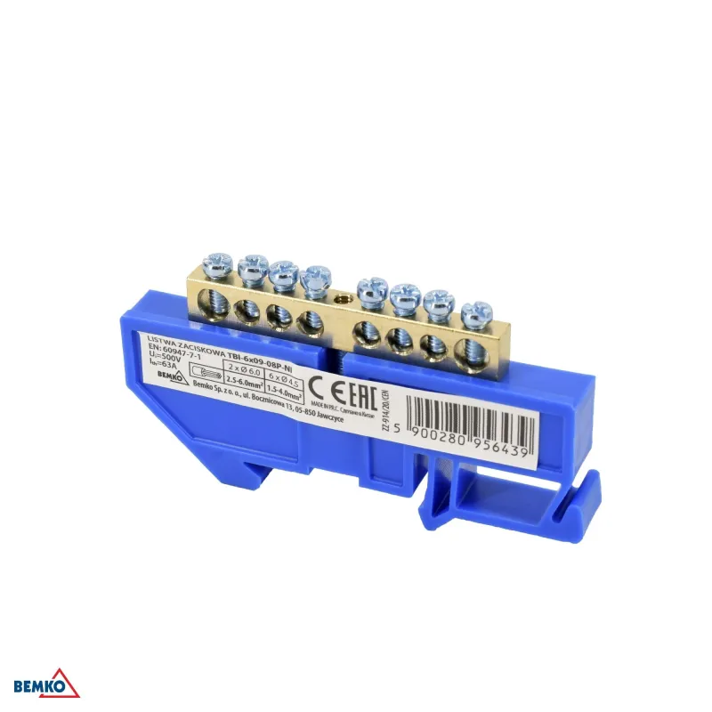 Bornier pour rail DIN - 6x9mm - Bleu - Installation facile - Tension d'isolement 500V