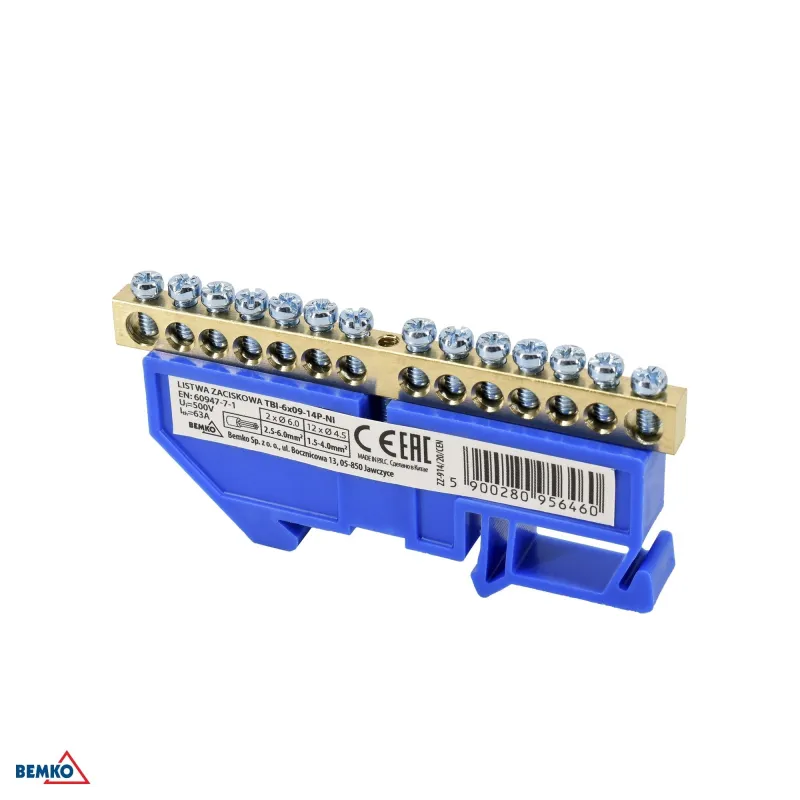 Bornier sur rail DIN - 6x9mm - Bleu - Installation facile - Tension 500V