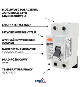 Disjoncteur différentiel 63A 30mA - Protection électrique 2 pôles - Rail DIN - Schneider