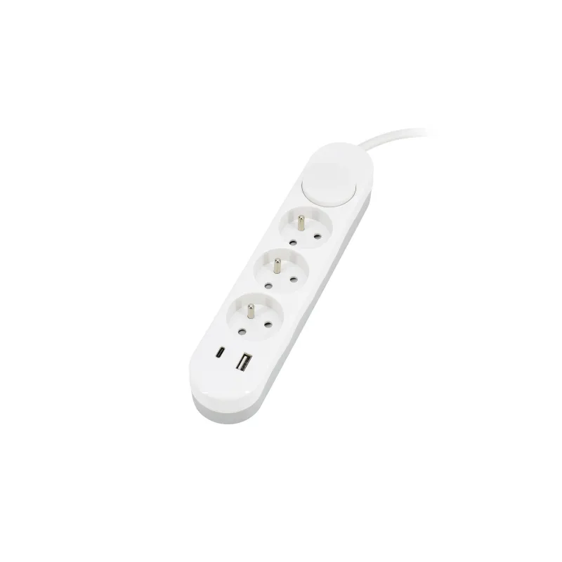 Rallonge électrique multiprises - 3 prises + 2 ports USB - Câble 2m - Blanc - Protection IP20