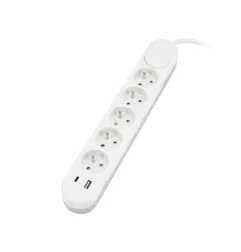 Multiprise 5 prises - 2 ports USB - 2m de câble - Protection IP20 - Blanc