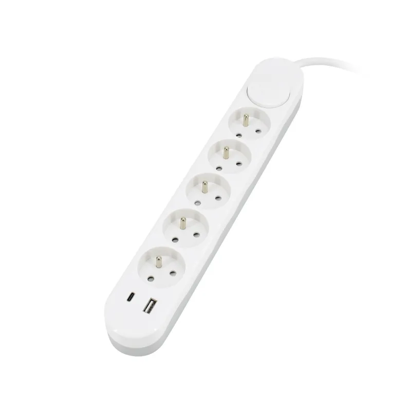 Multiprise 5 prises - 2 ports USB - 2m de câble - Protection IP20 - Blanc