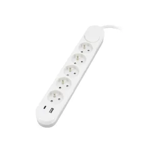 Multiprise 5 prises - 2 ports USB - 2m de câble - Protection IP20 - Blanc