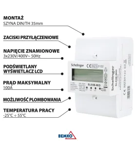 Compteur électrique triphasé MID Schelinger 100A - Rail DIN - IP50 - 3 modules