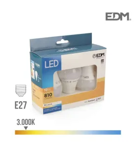 Lot de 3 Ampoules LED E27 10W Ronde A60 équivalent à 60W - Blanc Chaud 3200K