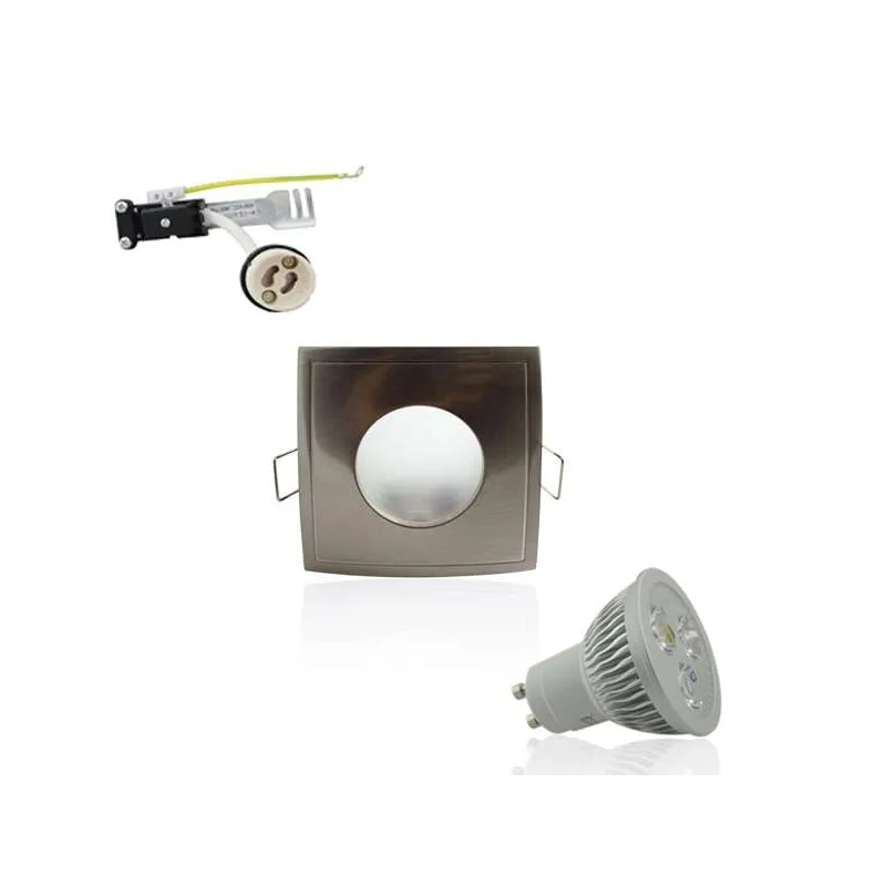 Kit Spot LED GU10 étanche 4W carré aluminium lumière 35W blanc chaud 2800K