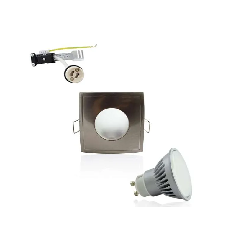 Kit Spot LED GU10 étanche 6W carré aluminium lumière 50W blanc chaud 2700K