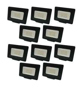 Lot de 10 Projecteurs LED Noirs 30W (200W) Étanche IP65 2400lm - Blanc du Jour 6000K